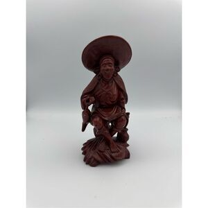 Red Wood Hand Carved Sculpture Sitting Chinese Old Wise Man with Fish